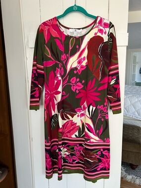 Jean-Pierre Klifa Olive and Hot Pink Floral Long Sleeve Shift Dress
